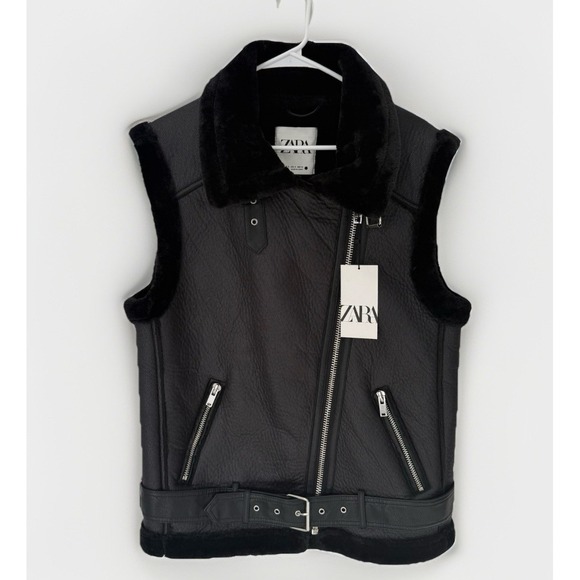 ZARA NWT Moto Jacket Black Size S Belted Biker Vest Goth Fur Oversized Emo Punk - Picture 2 of 12
